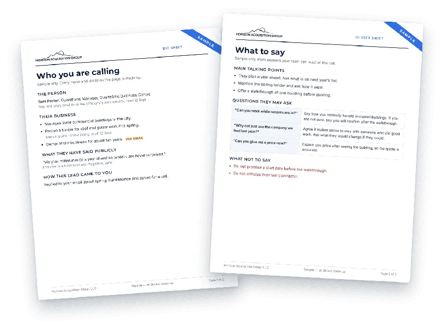 Sample Bio Sheet and Closer Sheet with made-up details